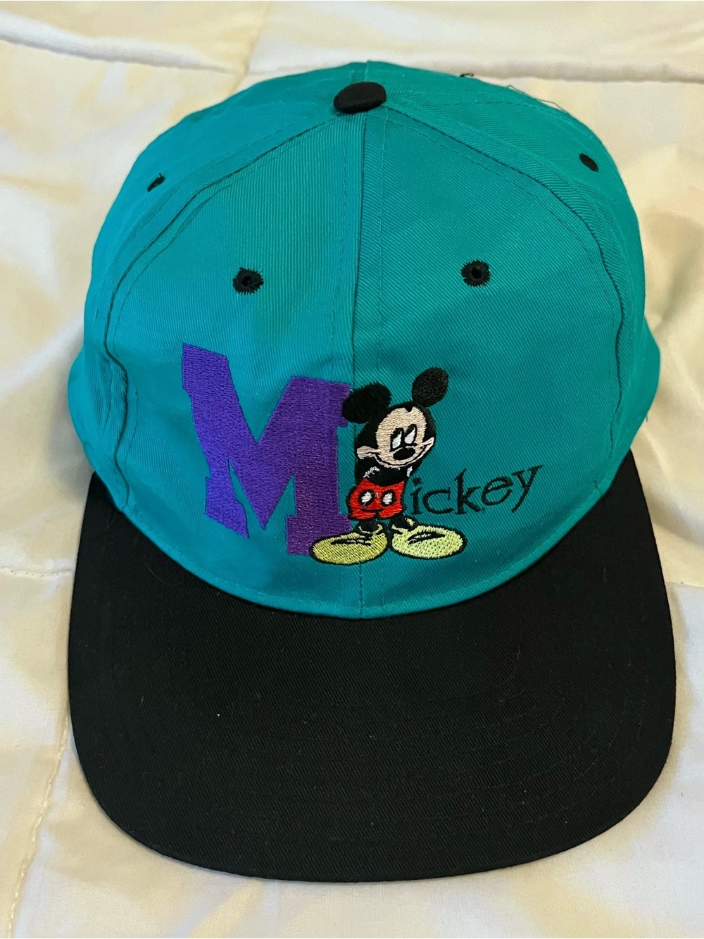 Vintage 90s Disney Teal Embroidered Mickey Mouse Snapback Hat adult one size